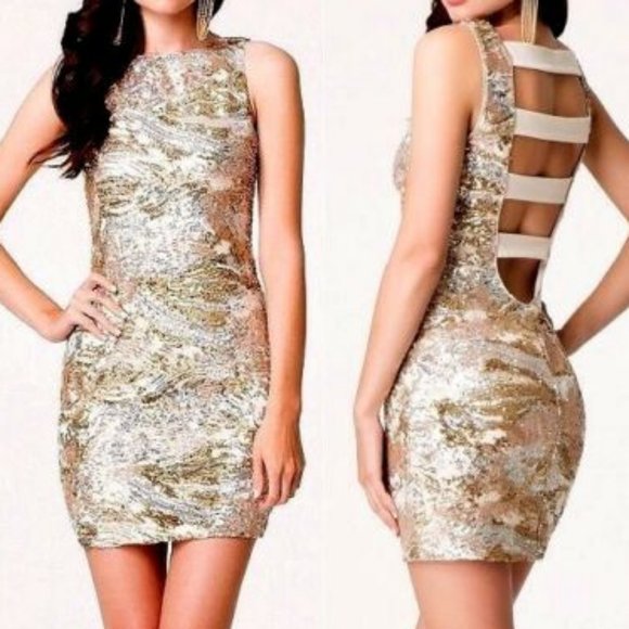💋 bebe silver gold sequin cutout back mesh dress M new RARE 💋
